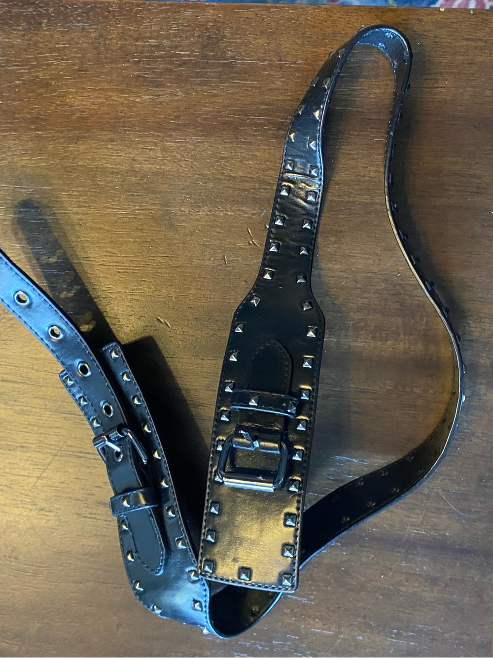 Black Studded Women's Leather Belt with Silver Hardware